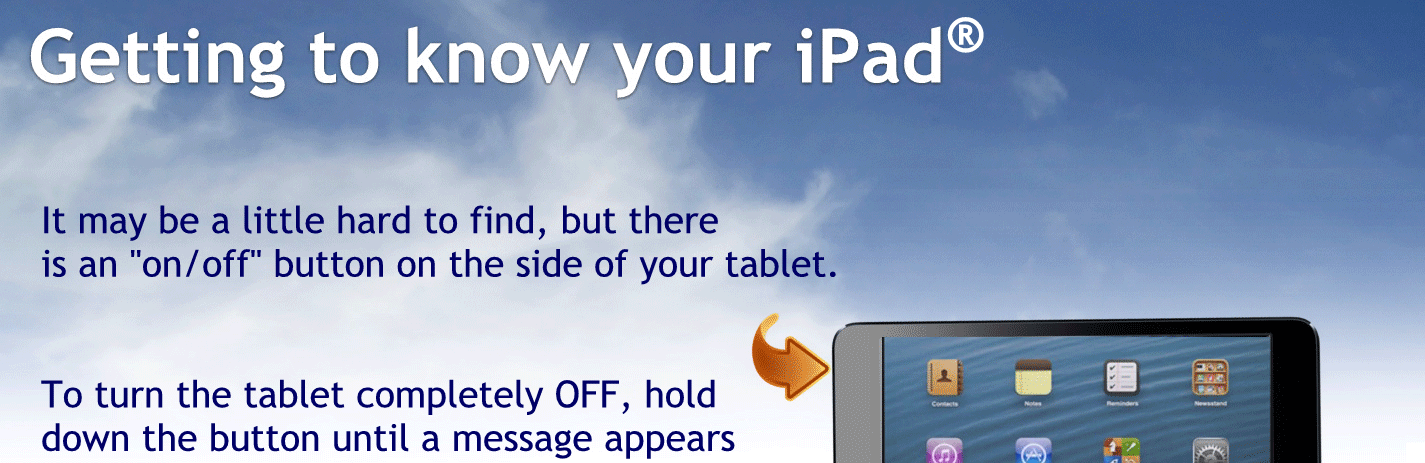 Getting to know your iPad.
It may be a little hard to find, but there is an on – off button on the side of your tablet
To turn the tablet completely off hold down the button until message appears offering you the options to shut down or cancel.