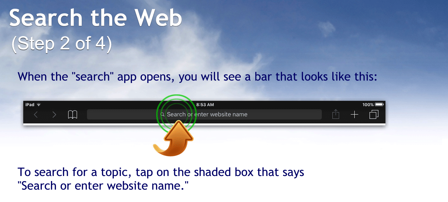 Step 204
When the search app opens you will see a bar that looks like this:
To search for a topic tap on the shaded box that says search or enter website name.