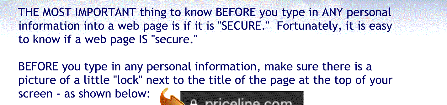 The most important thing to know before you type in any personal information into a webpage is if it is secure. Fortunately, it is easy to know if a webpage is secure.
Before you type in any personal information, make sure there is a picture of a little lock next to the title of the page at the top of your screen
If there is not a picture of the lock, don’t enter your info.