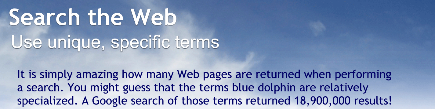 Use unique specific terms.
It is simply amazing how many webpages are returned when performing a search. You might guess that the search terms blue dolphin are relatively specialized. A Google search of those terms returned 18,900,000 results.