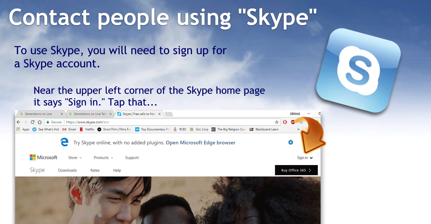 To use Skype you will need to sign up for a Skype account
The upper left corner of the Skype homepage it says sign in tap that