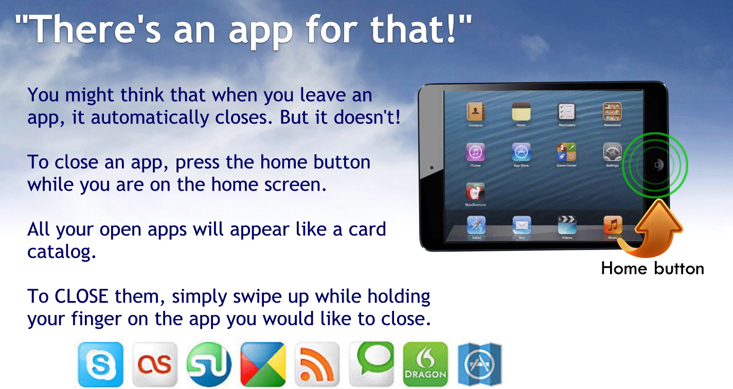 You might think that when you leave an app it automatically closes. but it doesn't
To close an app press the home button while you are on the home screen
All your open apps will appear like a card catalog
To CLOSE them simply swipe up while holding your finger on the app you would like to close