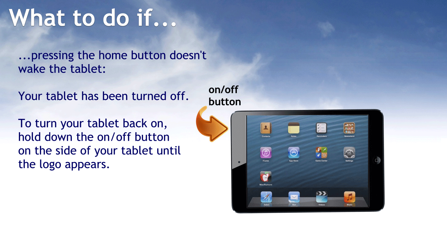 What to do if…
Pressing the home button doesn’t wake the tablet.
Your tablet has been turned off.
To turn your tablet back on hold down the on off button on the side of your tablet until the logo appears
To return to the help menu tap the back button