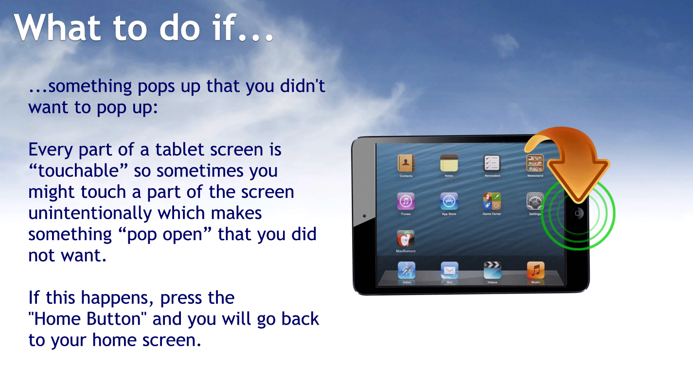 What to do if?
Some thing pops up that you didn’t want to pop up
Every part of a tablet screen is touchable so sometimes you might touch a part of the screen unintentionally which makes something pop open that you did not want.
If this happens press the home button and you will go back to your home screen
To go back to the help page tap the words previous page