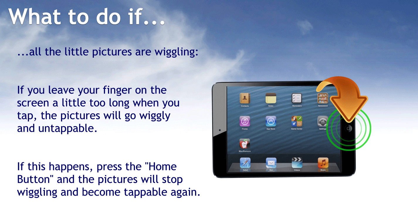 What to do F?
All the little pictures are wiggling.
If you leave your finger on the screen, a little too long when you tap, the pictures will go wiggly and untappable.
If this happens press the home button and the pictures will stop wiggling and become tappable again.