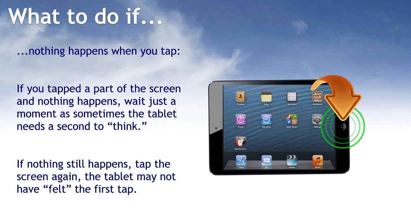 What to do if
Nothing happens when you tap.
If you tap the part of the screen and nothing happens wait just a moment as sometimes the tablet needs to us second to think.
If nothing still happens, tap the screen again, the tablet may not have felt the first tap.