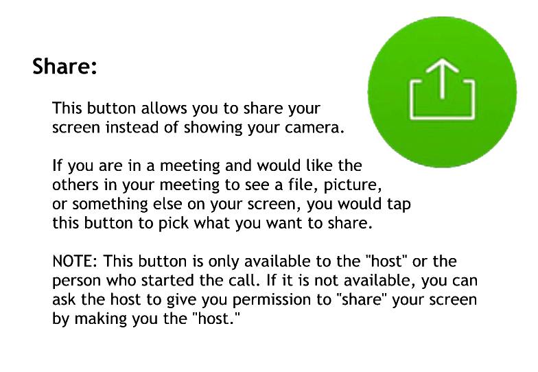 Share
This button allows you to share your screen instead of showing your camera
If you’re in a meeting and would like the others in your meeting to see a file picture or something else on your screen you a tap this button to pick what you want to share
Note this button is only available to the host or the person the start of the car if it is not available you can ask the host to give you permission to share your screen by make you the host